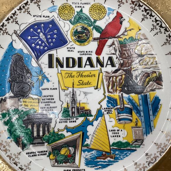 Rare Vintage Crest-O-Gold 9" INDIANA Collectors Plate Hoosier History 22K Gold - Picture 2 of 7